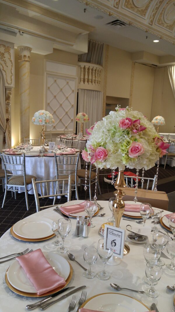 Hydrangea and Pink Roses Centerpieces with Stands