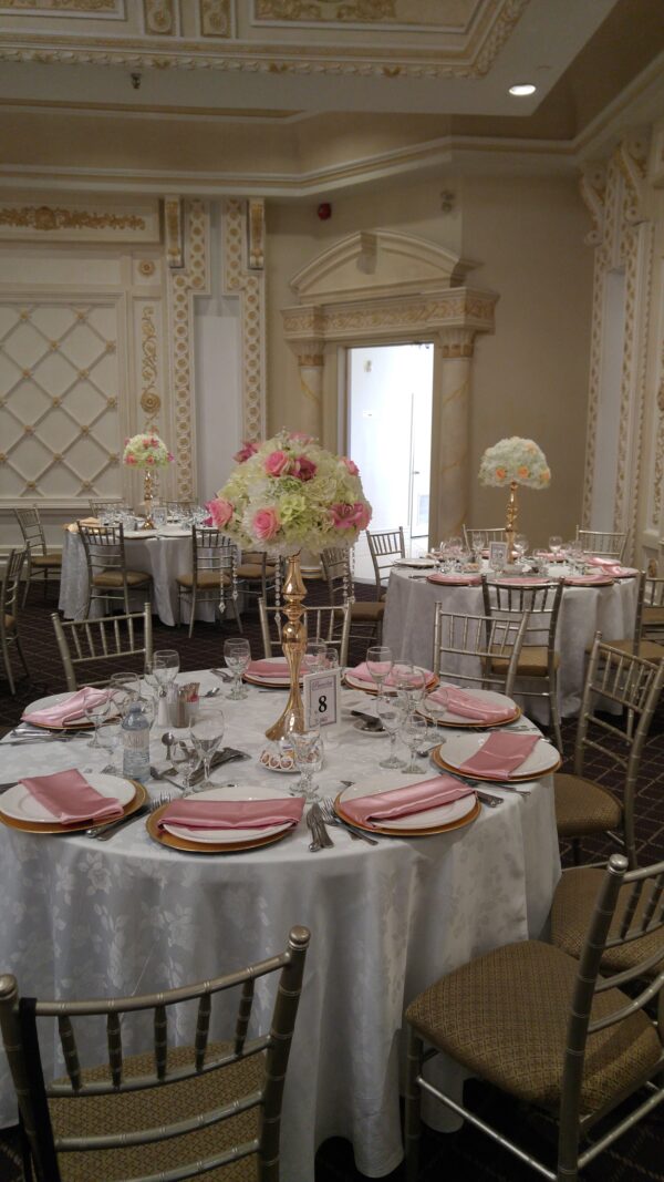 Silk Pink Roses, Orchids, Hydrangeas & Crystal Dangling Diamonds with Stands - Image 4