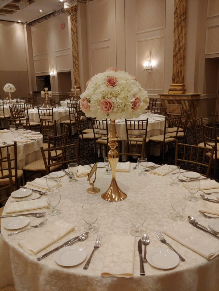 Blush Pink Roses and White Hydrangeas with Stands