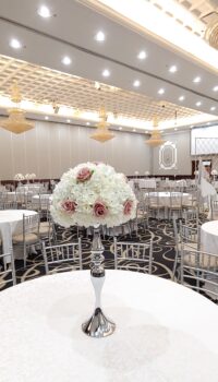 Mauve Coloured Roses and Ivory White Hydrangeas with Stands