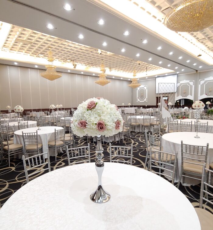 Mauve Coloured Roses and Ivory White Hydrangeas with Stands