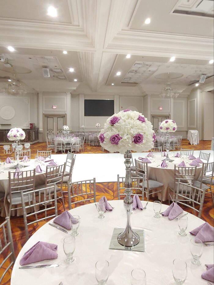 Real Touch Light Purple Roses and White Hydrangeas with Silver Stands