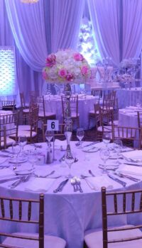 Ivory White Hydrangea and Pink Roses Centerpieces with Silver Stands