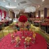 Dark Red Hydrangeas with Gold Candelabras