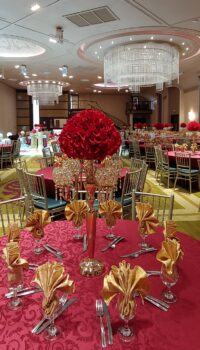 Dark Red Hydrangeas with Gold Candelabras