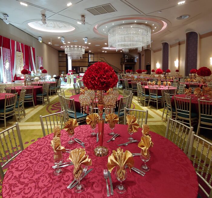 Dark Red Hydrangeas with Gold Candelabras