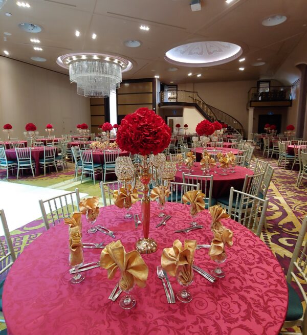 Dark Red Hydrangeas with Crystal Globe Gold Candelabras - Image 3