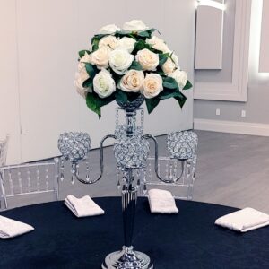 Silver Globe Candelabra Wedding Centerpiece Rental with Cream & Blush Roses