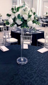 Artificial White Roses with Greenery and Acrylic Stand