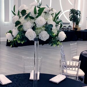 Artificial White Roses with Greenery and Acrylic Stand